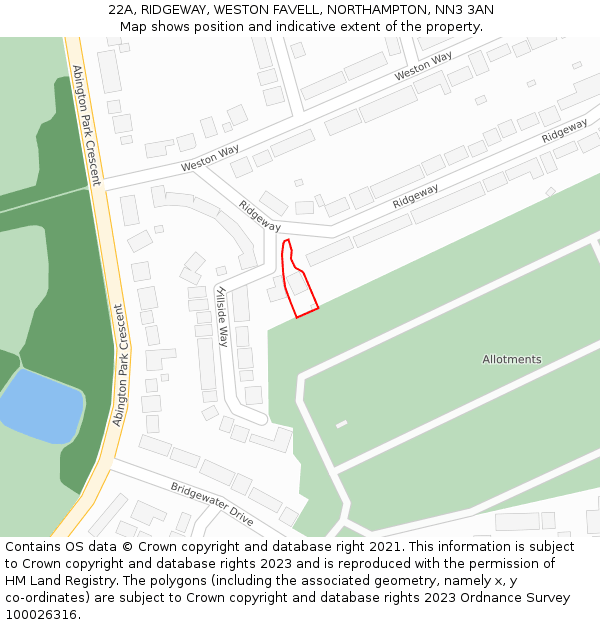 22A, RIDGEWAY, WESTON FAVELL, NORTHAMPTON, NN3 3AN: Location map and indicative extent of plot