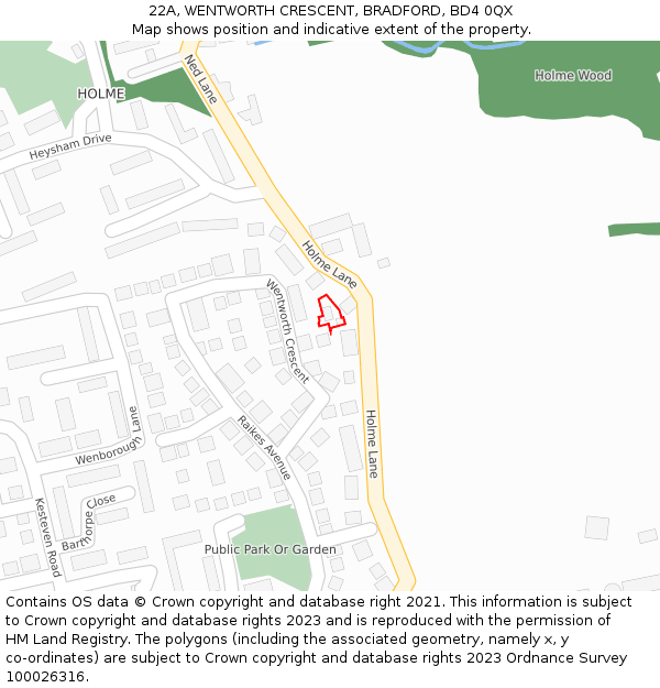 22A, WENTWORTH CRESCENT, BRADFORD, BD4 0QX: Location map and indicative extent of plot