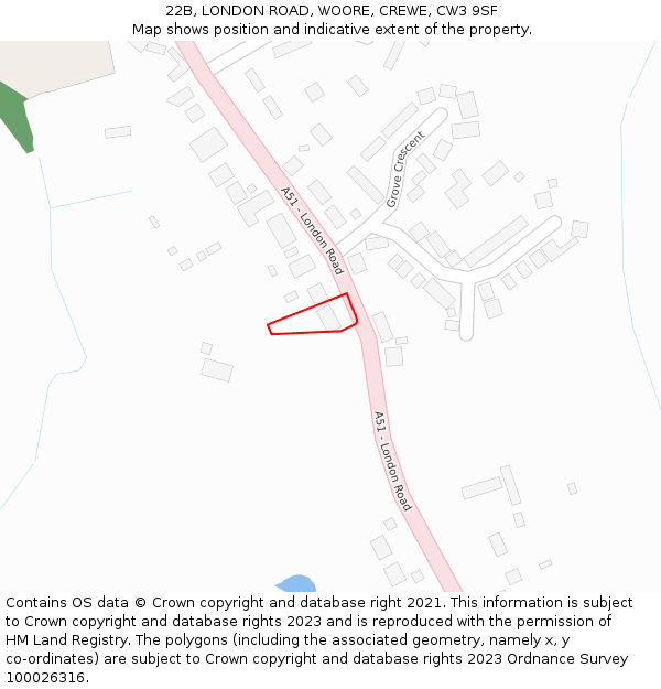 22B, LONDON ROAD, WOORE, CREWE, CW3 9SF: Location map and indicative extent of plot