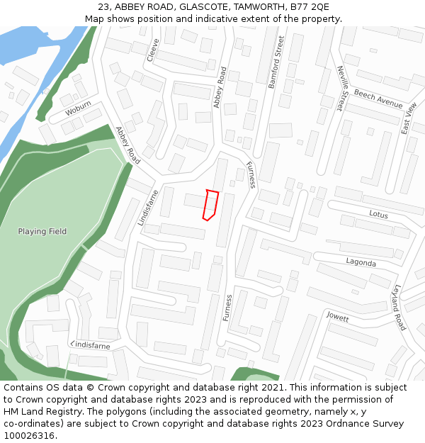23, ABBEY ROAD, GLASCOTE, TAMWORTH, B77 2QE: Location map and indicative extent of plot