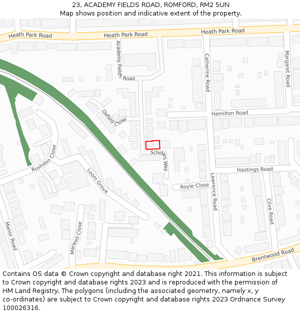 23, ACADEMY FIELDS ROAD, ROMFORD, RM2 5UN: Location map and indicative extent of plot