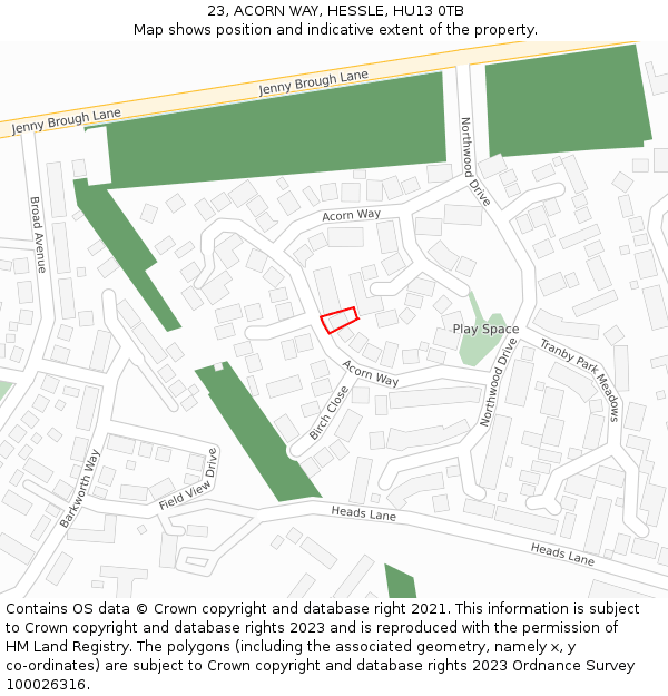 23, ACORN WAY, HESSLE, HU13 0TB: Location map and indicative extent of plot