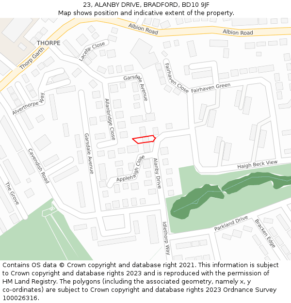 23, ALANBY DRIVE, BRADFORD, BD10 9JF: Location map and indicative extent of plot