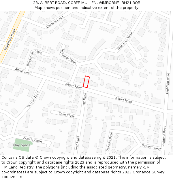 23, ALBERT ROAD, CORFE MULLEN, WIMBORNE, BH21 3QB: Location map and indicative extent of plot
