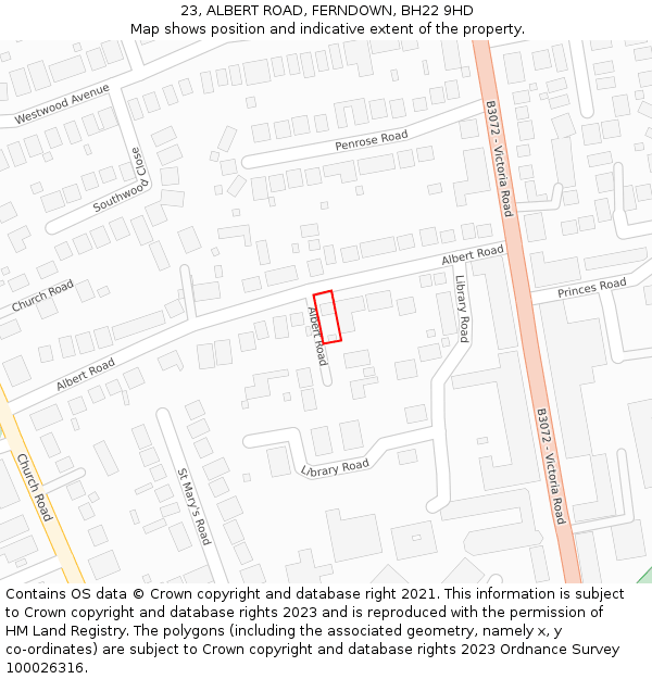 23, ALBERT ROAD, FERNDOWN, BH22 9HD: Location map and indicative extent of plot