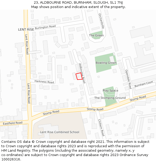 23, ALDBOURNE ROAD, BURNHAM, SLOUGH, SL1 7NJ: Location map and indicative extent of plot