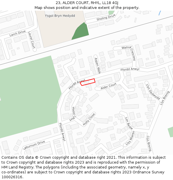 23, ALDER COURT, RHYL, LL18 4GJ: Location map and indicative extent of plot