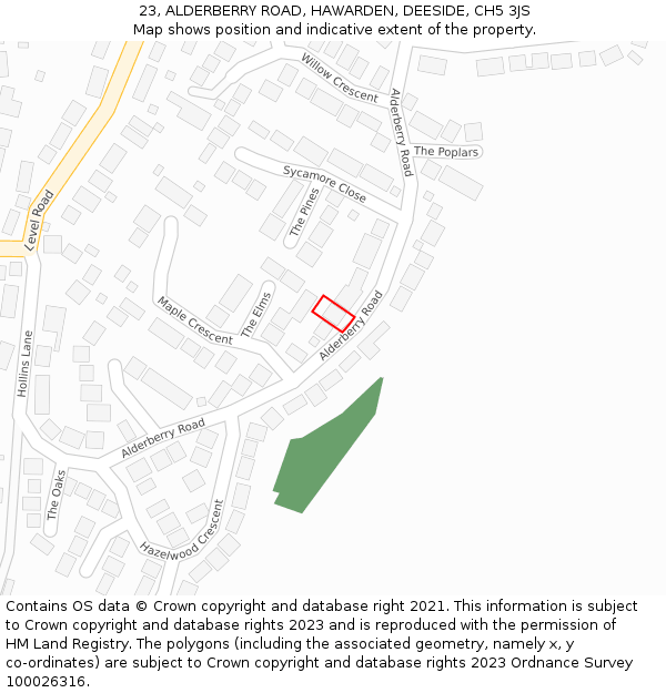 23, ALDERBERRY ROAD, HAWARDEN, DEESIDE, CH5 3JS: Location map and indicative extent of plot