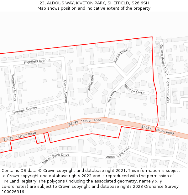 23, ALDOUS WAY, KIVETON PARK, SHEFFIELD, S26 6SH: Location map and indicative extent of plot