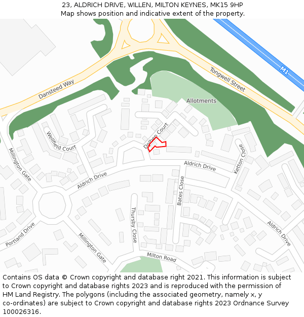 23, ALDRICH DRIVE, WILLEN, MILTON KEYNES, MK15 9HP: Location map and indicative extent of plot