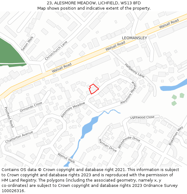 23, ALESMORE MEADOW, LICHFIELD, WS13 8FD: Location map and indicative extent of plot