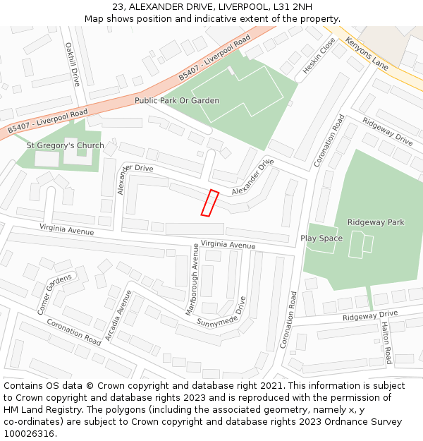 23, ALEXANDER DRIVE, LIVERPOOL, L31 2NH: Location map and indicative extent of plot