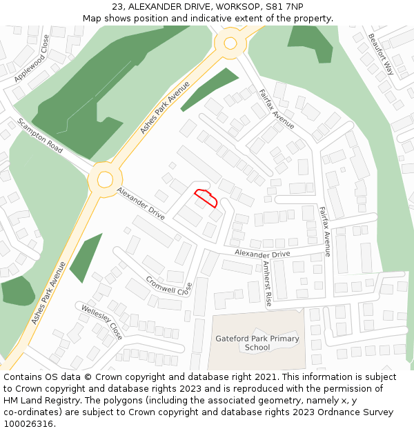 23, ALEXANDER DRIVE, WORKSOP, S81 7NP: Location map and indicative extent of plot