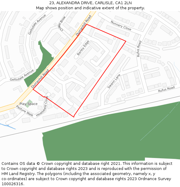 23, ALEXANDRA DRIVE, CARLISLE, CA1 2LN: Location map and indicative extent of plot