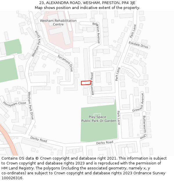 23, ALEXANDRA ROAD, WESHAM, PRESTON, PR4 3JE: Location map and indicative extent of plot