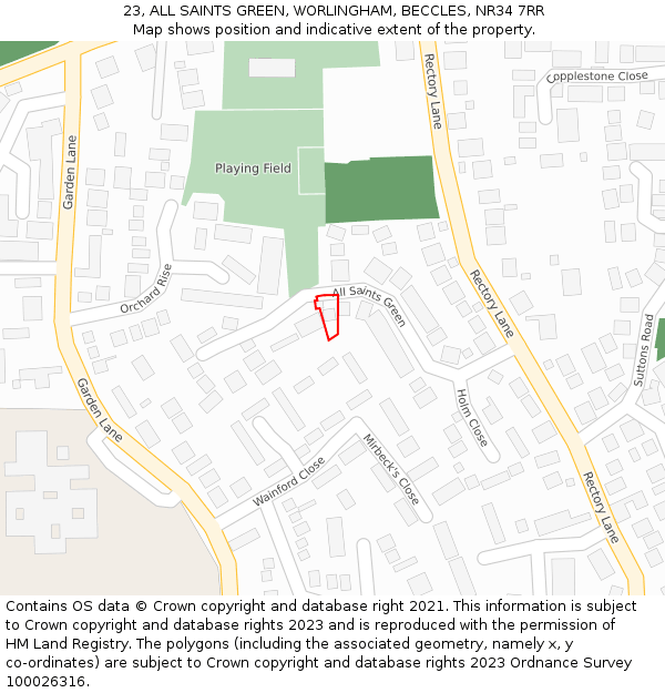 23, ALL SAINTS GREEN, WORLINGHAM, BECCLES, NR34 7RR: Location map and indicative extent of plot