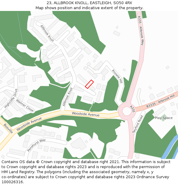 23, ALLBROOK KNOLL, EASTLEIGH, SO50 4RX: Location map and indicative extent of plot