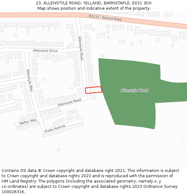 23, ALLENSTYLE ROAD, YELLAND, BARNSTAPLE, EX31 3DX: Location map and indicative extent of plot