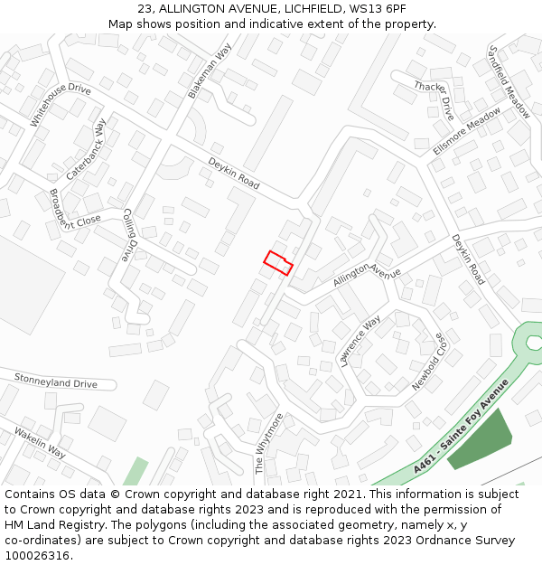 23, ALLINGTON AVENUE, LICHFIELD, WS13 6PF: Location map and indicative extent of plot