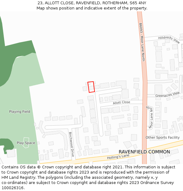 23, ALLOTT CLOSE, RAVENFIELD, ROTHERHAM, S65 4NY: Location map and indicative extent of plot