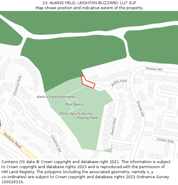 23, ALWINS FIELD, LEIGHTON BUZZARD, LU7 2UF: Location map and indicative extent of plot