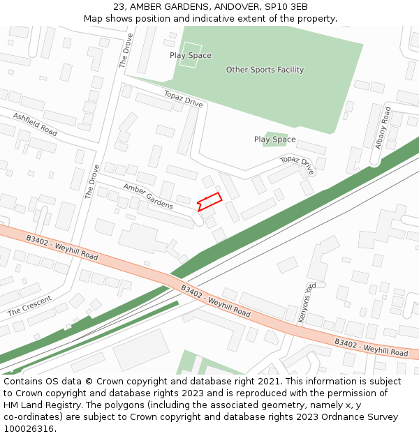 23, AMBER GARDENS, ANDOVER, SP10 3EB: Location map and indicative extent of plot