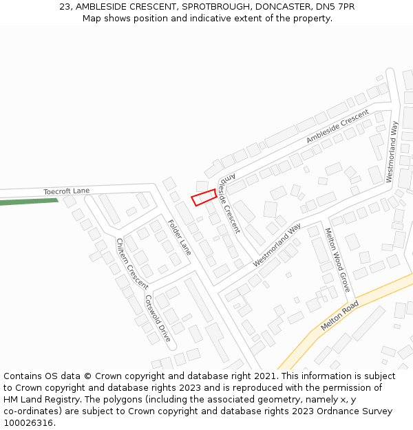 23, AMBLESIDE CRESCENT, SPROTBROUGH, DONCASTER, DN5 7PR: Location map and indicative extent of plot