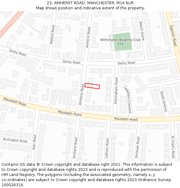 23, AMHERST ROAD, MANCHESTER, M14 6UR: Location map and indicative extent of plot