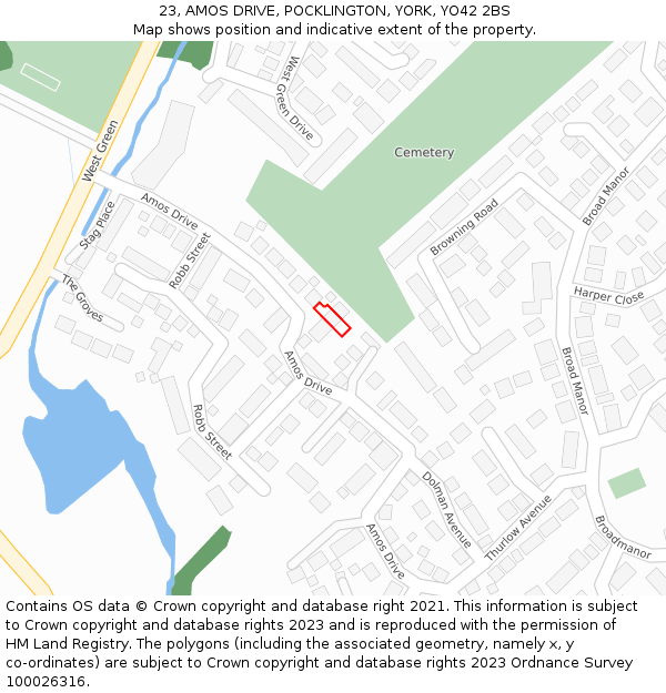 23, AMOS DRIVE, POCKLINGTON, YORK, YO42 2BS: Location map and indicative extent of plot