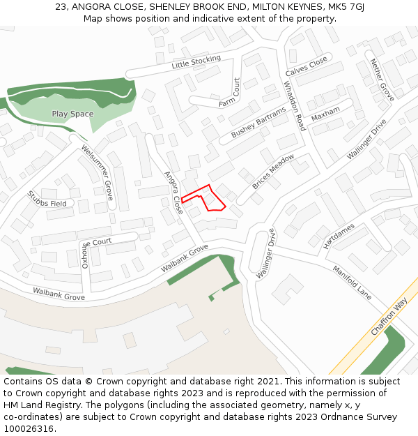 23, ANGORA CLOSE, SHENLEY BROOK END, MILTON KEYNES, MK5 7GJ: Location map and indicative extent of plot