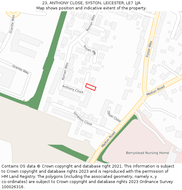 23, ANTHONY CLOSE, SYSTON, LEICESTER, LE7 1JA: Location map and indicative extent of plot