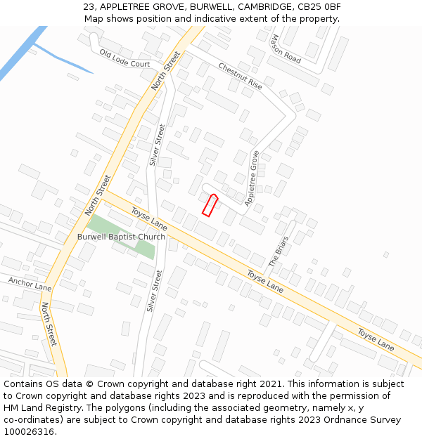 23, APPLETREE GROVE, BURWELL, CAMBRIDGE, CB25 0BF: Location map and indicative extent of plot