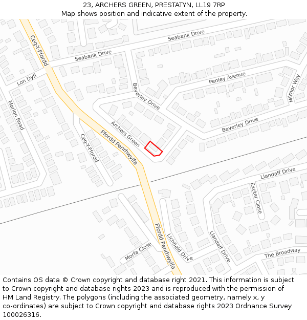 23, ARCHERS GREEN, PRESTATYN, LL19 7RP: Location map and indicative extent of plot