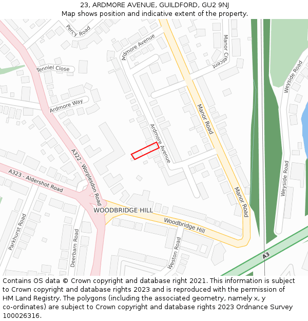 23, ARDMORE AVENUE, GUILDFORD, GU2 9NJ: Location map and indicative extent of plot