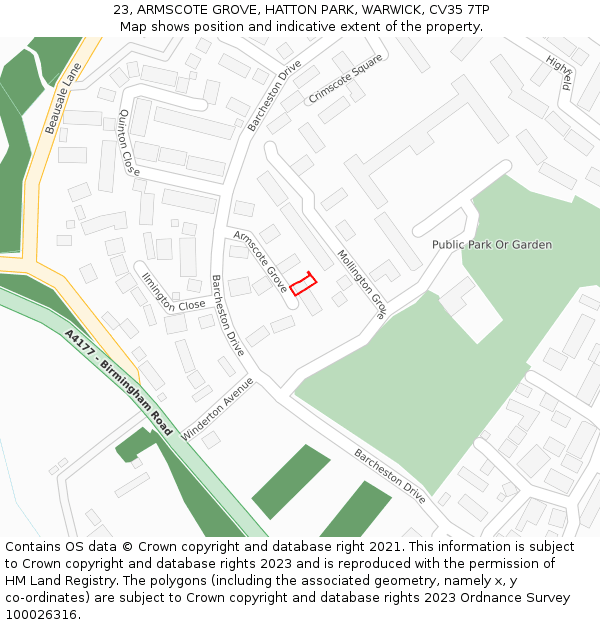 23, ARMSCOTE GROVE, HATTON PARK, WARWICK, CV35 7TP: Location map and indicative extent of plot