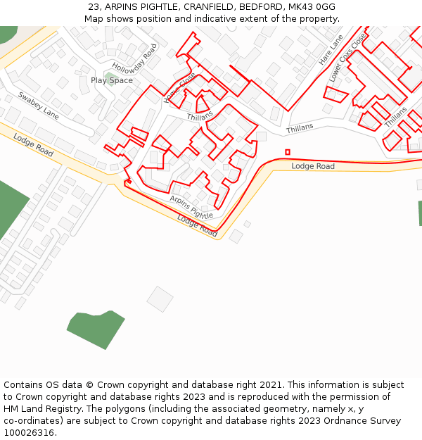 23, ARPINS PIGHTLE, CRANFIELD, BEDFORD, MK43 0GG: Location map and indicative extent of plot