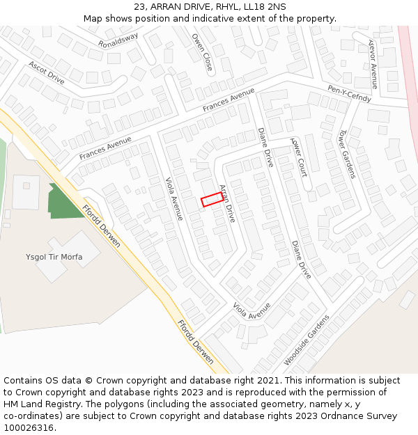 23, ARRAN DRIVE, RHYL, LL18 2NS: Location map and indicative extent of plot