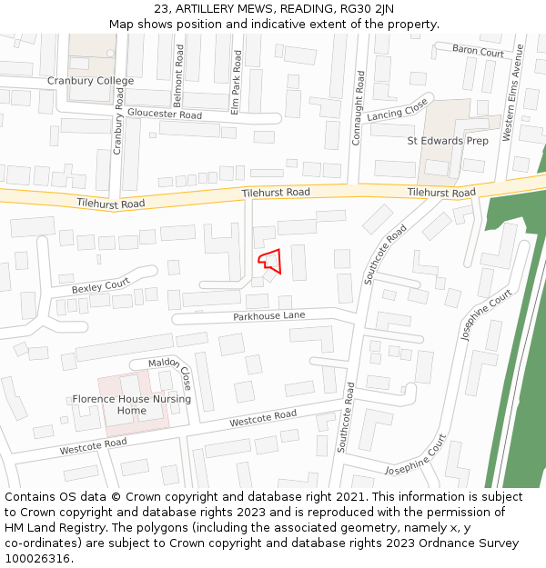 23, ARTILLERY MEWS, READING, RG30 2JN: Location map and indicative extent of plot