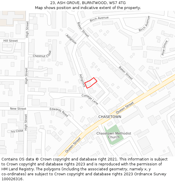23, ASH GROVE, BURNTWOOD, WS7 4TG: Location map and indicative extent of plot