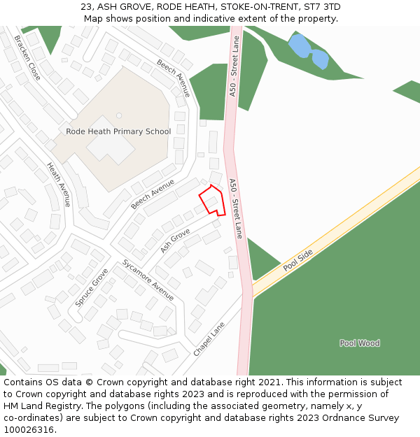 23, ASH GROVE, RODE HEATH, STOKE-ON-TRENT, ST7 3TD: Location map and indicative extent of plot