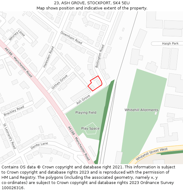 23, ASH GROVE, STOCKPORT, SK4 5EU: Location map and indicative extent of plot