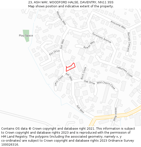 23, ASH WAY, WOODFORD HALSE, DAVENTRY, NN11 3SS: Location map and indicative extent of plot