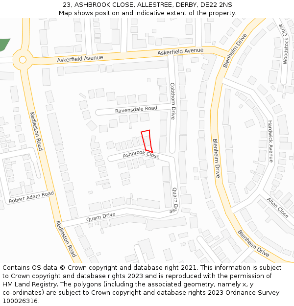 23, ASHBROOK CLOSE, ALLESTREE, DERBY, DE22 2NS: Location map and indicative extent of plot