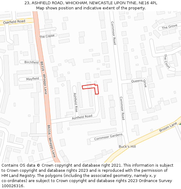 23, ASHFIELD ROAD, WHICKHAM, NEWCASTLE UPON TYNE, NE16 4PL: Location map and indicative extent of plot