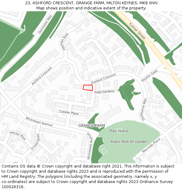 23, ASHFORD CRESCENT, GRANGE FARM, MILTON KEYNES, MK8 0NN: Location map and indicative extent of plot