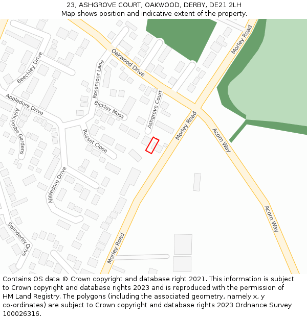 23, ASHGROVE COURT, OAKWOOD, DERBY, DE21 2LH: Location map and indicative extent of plot