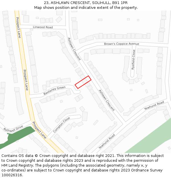 23, ASHLAWN CRESCENT, SOLIHULL, B91 1PR: Location map and indicative extent of plot