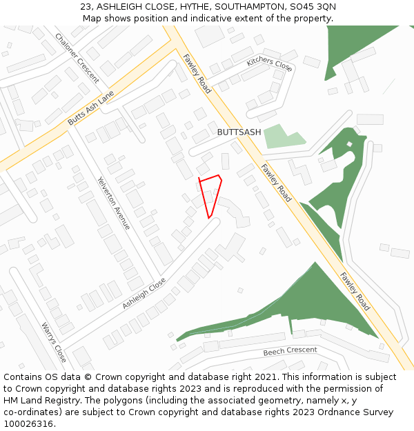 23, ASHLEIGH CLOSE, HYTHE, SOUTHAMPTON, SO45 3QN: Location map and indicative extent of plot