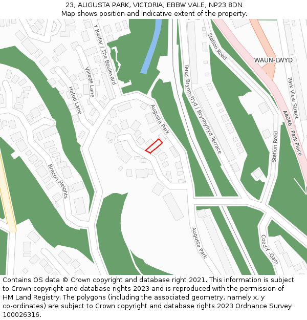 23, AUGUSTA PARK, VICTORIA, EBBW VALE, NP23 8DN: Location map and indicative extent of plot