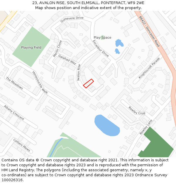 23, AVALON RISE, SOUTH ELMSALL, PONTEFRACT, WF9 2WE: Location map and indicative extent of plot